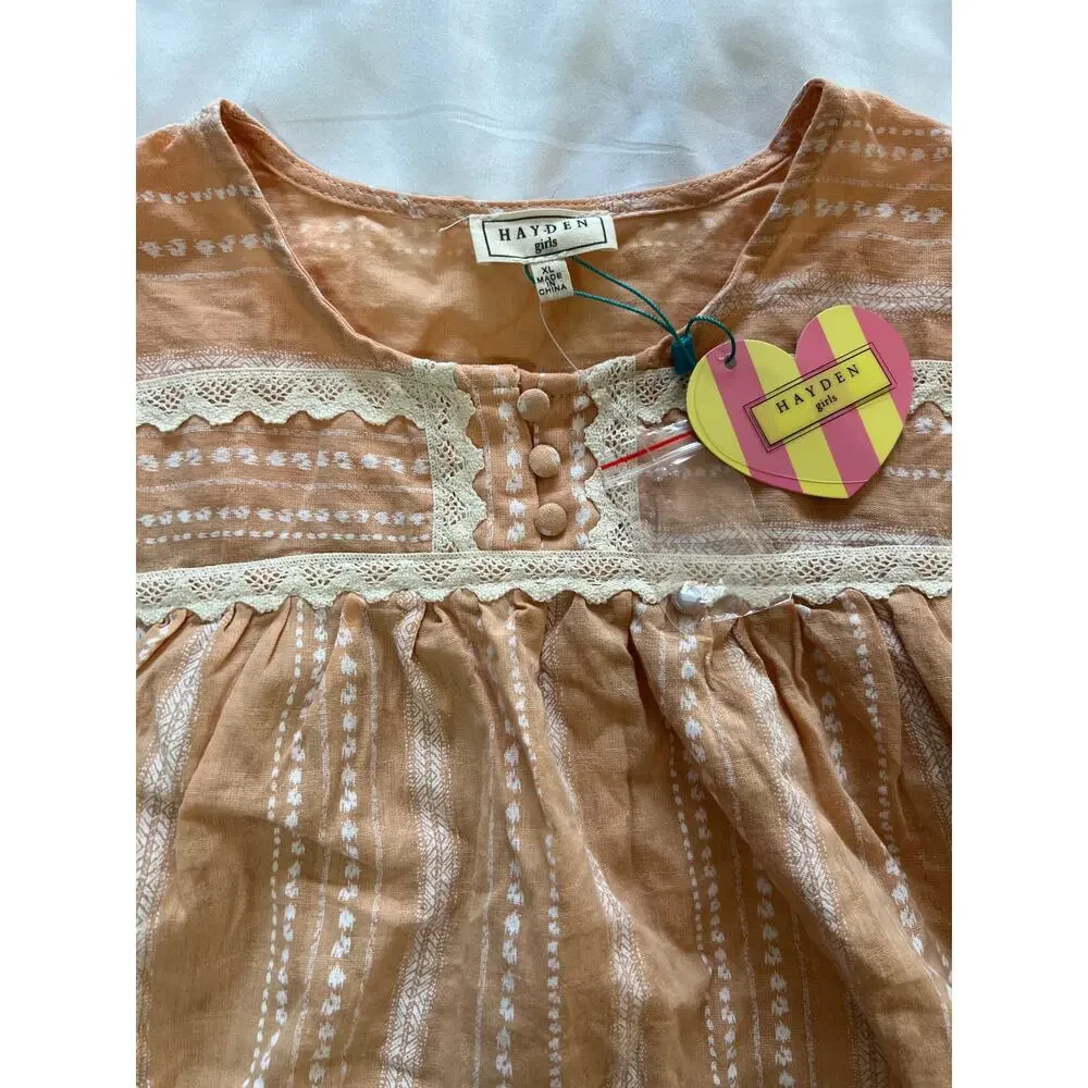 Hayden Girls NWT‎ Boho Blouse Size XL Peach Pink Stripe Lace Trim Peasant Top